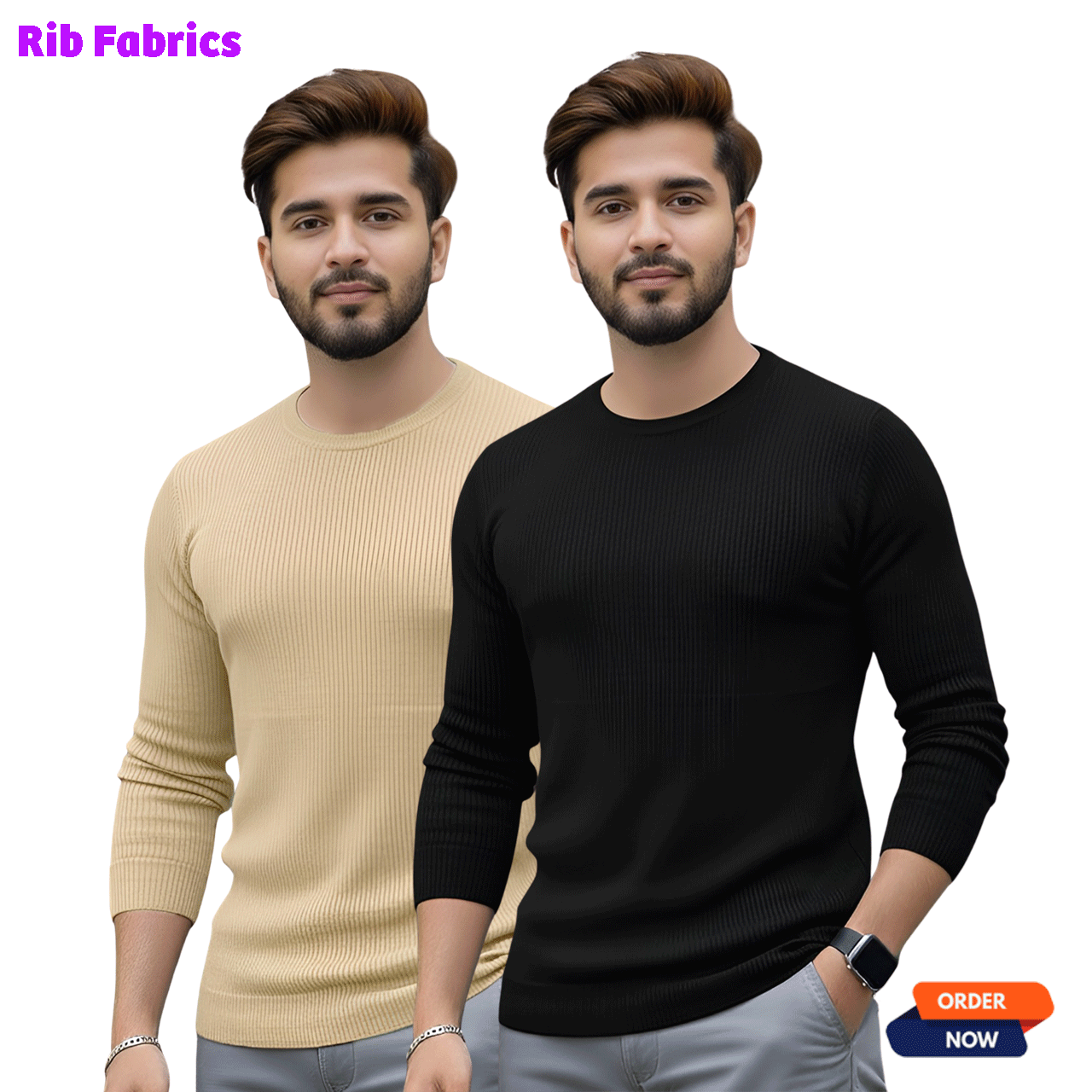 2 Pcs Men's Premium 2/2 Rib Full Sleeve T-shirt - Black +Cream