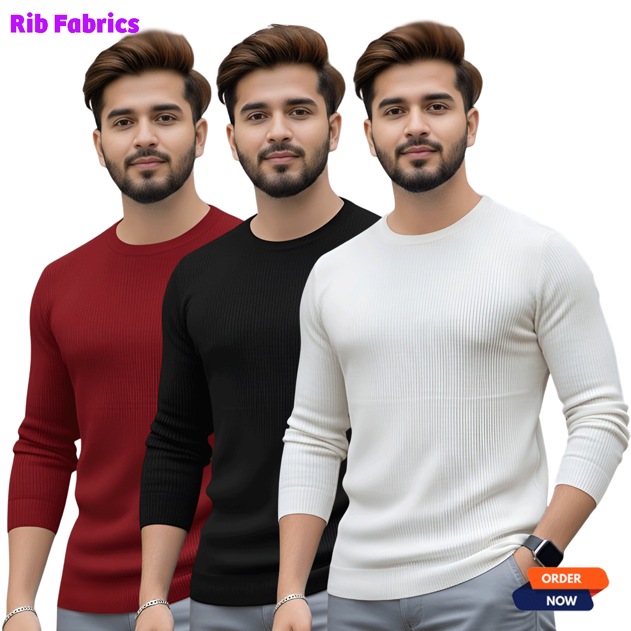 3 Pcs Men's Premium 2/2 Rib Full Sleeve T-shirt - Black+White+Meroon