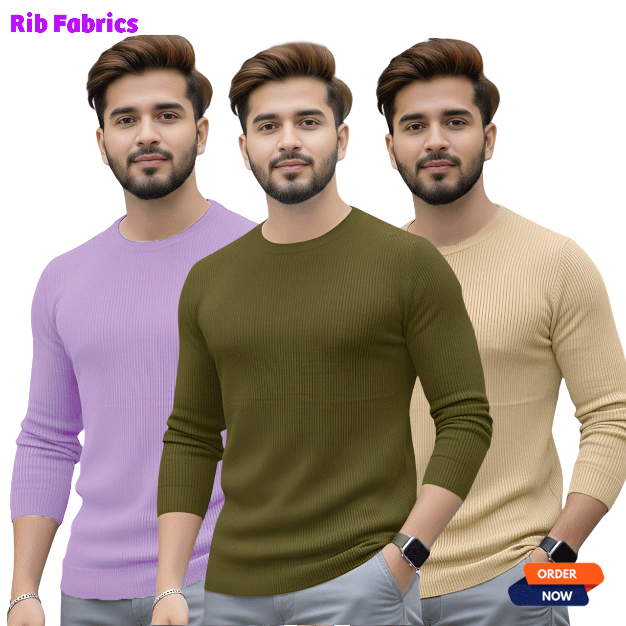 3 Pcs Men's Premium 2/2 Rib Full Sleeve T-shirt - Olive+Light Pink+Cream